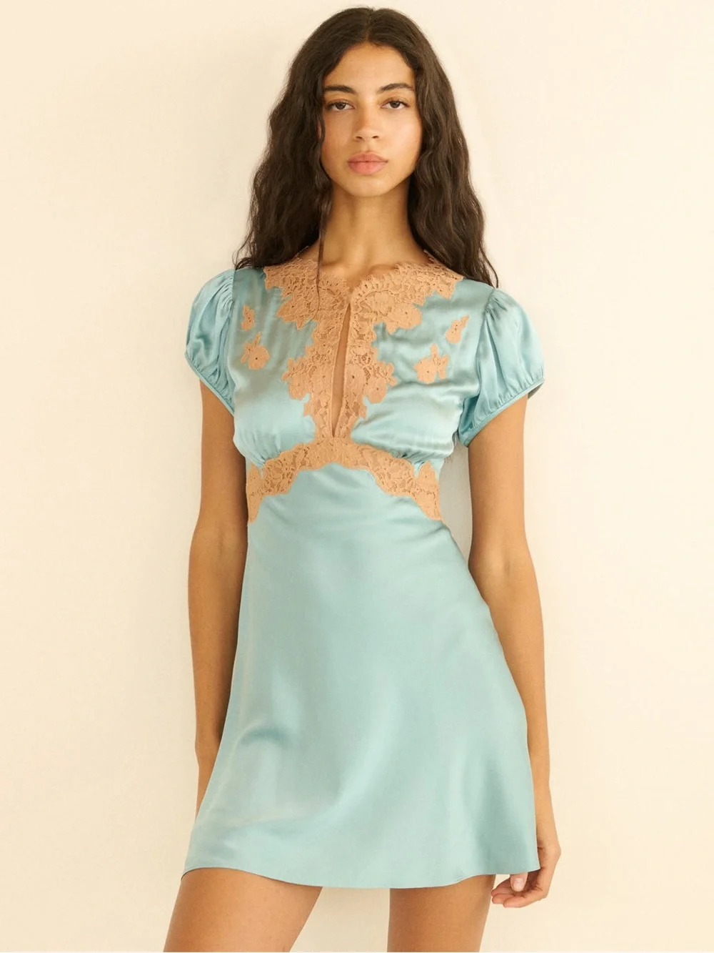 Doen Junia Silk Mini Dress with Lace Aquamarine - Picture 2 of 4